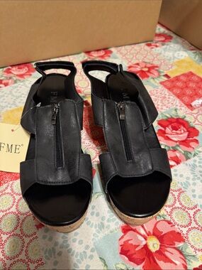 FME Makeover Essentials Black Wedge Sandals with Front Zip Detail